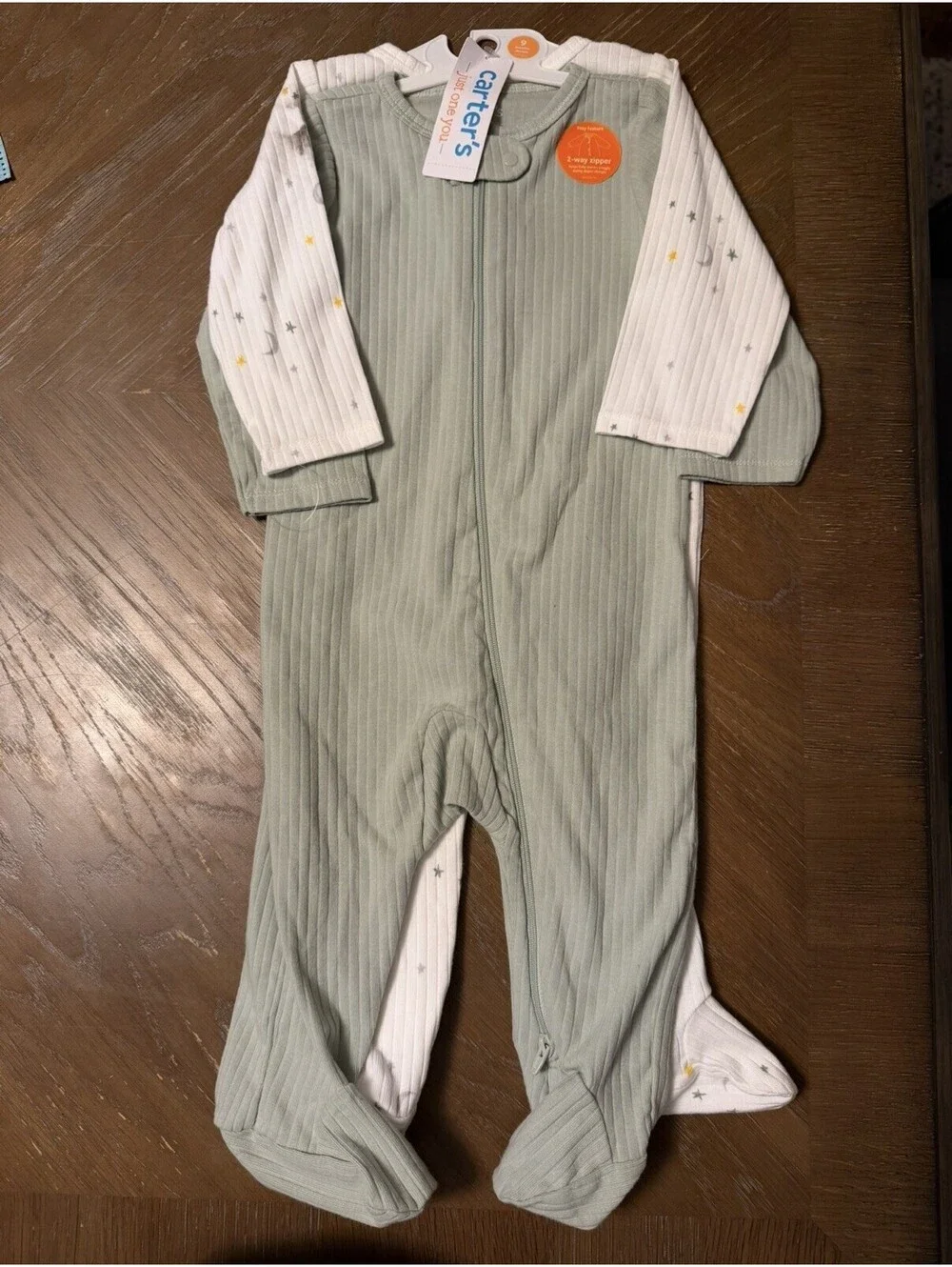 Carter's Ribbed Coverall Set Green White Star Moon Print 6-9  Months 2 Piece